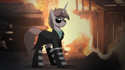 Size: 960x540 | Tagged: safe, artist:drawponies, oc, oc only, oc:order compulsive, boots, clothes, dark, explosion, fire, shirt, smiling, smug, solo, sunglasses, trenchcoat