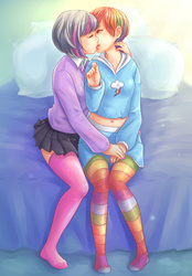 Size: 1180x1700 | Tagged: safe, artist:ninjaham, rainbow dash, twilight sparkle, human, g4, alternate hairstyle, bed, belly button, breasts, clothes, cuddling, drool, duo, duo female, female, humanized, kissing, lesbian, midriff, missing shoes, pantyhose, rainbow socks, ship:twidash, shipping, shirt, short hair, short shirt, skirt, snuggling, socks, striped socks, thigh highs
