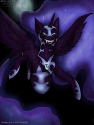 Size: 768x1024 | Tagged: safe, artist:lagoonic, nightmare moon, g4, female, flying, grin, moon, smiling, solo