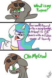 Size: 639x960 | Tagged: safe, artist:befishproductions, princess celestia, oc, oc:order compulsive, g4, comic, crossover, dialogue, rick and morty, signature, something ricked this way comes, sunglasses