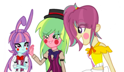 Size: 1186x688 | Tagged: safe, artist:shadowdash1356, lemon zest, sour sweet, sunny flare, equestria girls, g4, bonnie (fnaf), chica, crossover, five nights at freddy's, freddy fazbear, parody