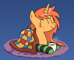 Size: 594x485 | Tagged: safe, artist:manulis, oc, oc only, pony, unicorn, blanket, blushing, chocolate, clothes, cup, cute, eyes closed, female, food, gradient background, hot chocolate, mare, mug, prone, rug, smiling, socks, solo, striped socks