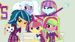 Size: 1169x653 | Tagged: safe, artist:starshine9, indigo zap, lemon zest, sour sweet, sugarcoat, sunny flare, equestria girls, g4, my little pony equestria girls: friendship games, clothes, crystal prep academy uniform, crystal prep shadowbolts, cute, football, group photo, school uniform, smiling, sports