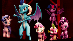 Size: 1920x1080 | Tagged: safe, artist:danj16, princess ember, rarity, spike, starlight glimmer, sweetie belle, twilight sparkle, alicorn, dragon, pony, g4, 3d, flying, rearing, twilight sparkle (alicorn)