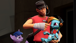 Size: 1920x1080 | Tagged: safe, artist:danj16, rainbow dash, twilight sparkle, pony, g4, 3d, crossover, cute, dashabetes, holding a pony, imminent boop, rainbow scout, scout (tf2), source filmmaker, team fortress 2, tiny ponies