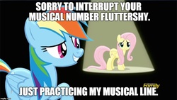 Size: 884x500 | Tagged: safe, screencap, fluttershy, rainbow dash, flutter brutter, g4, can i do it on my own, caption, discovery family logo, image macro, imgflip, looking at you, meme, musical, musical number, rude, selfish, spotlight, text