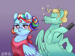 Size: 1478x1108 | Tagged: safe, artist:dragonfoxgirl, rainbow dash, zephyr breeze, pony, g4, alternate hairstyle, animated, blushing, cute, eyes closed, female, gif, gradient background, hairpin, hairstyles, male, mane styling, mare, rainbow dash always dresses in style, rainbow dash is not amused, scrunchy face, ship:zephdash, shipping, stallion, tsunderainbow, tsundere, updo