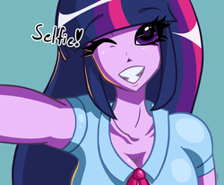 Size: 7874x6486 | Tagged: safe, artist:pitchyy, twilight sparkle, equestria girls, g4, absurd resolution, breasts, busty twilight sparkle, cleavage, female, one eye closed, selfie, solo, wink