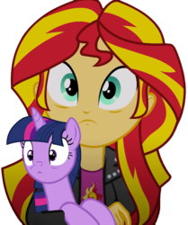 Size: 602x720 | Tagged: artist needed, safe, sunset shimmer, twilight sparkle, alicorn, pony, equestria girls, g4, carrying, duo, duo female, female, holding a pony, mare, simple background, transparent background, twilight sparkle (alicorn)