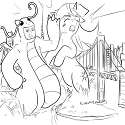 Size: 1000x1000 | Tagged: safe, artist:itcamefrom4chan, twilight sparkle, dragonite, kaiju, pony, unicorn, g4, city, duo, giant pony, giantess, macro, monochrome, pokémon, rick astley, sketch, tokyo, unicorn twilight, wat