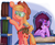 Size: 1044x850 | Tagged: safe, artist:jowyb, applejack, twilight sparkle, alicorn, earth pony, pony, twijack weekly, applejack's "day" off, g4, my little pony: friendship is magic, bipedal, book, bookshelf, eyeroll, female, goggles, hammer, lesbian, mare, ship:twijack, shipping, toolbelt, twilight sparkle (alicorn), utility belt