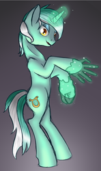 Size: 729x1233 | Tagged: safe, artist:alleynur, artist:alleynurr, lyra heartstrings, pony, unicorn, g4, bipedal, female, glowing horn, hand, horn, magic, magic hands, solo