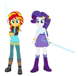 Size: 2730x2649 | Tagged: safe, artist:amante56, rarity, sunset shimmer, equestria girls, g4, 20th century fox, boots, bracelet, clothes, crossover, disney, duo, high res, jedi, leather jacket, lightsaber, looking at you, lucasfilm, skirt, star wars