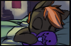 Size: 1074x691 | Tagged: safe, artist:starshinebeast, button mash, zergling, g4, bed, carbot, colt, plushie, sleeping, starcraft