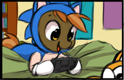 Size: 1075x695 | Tagged: source needed, useless source url, safe, artist:starshinebeast, button mash, earth pony, fox, pony, g4, atari lynx, buttonbetes, clothes, colt, cosplay, costume, crossover, cute, foal, gaming, happy, kigurumi, male, miles "tails" prower, onesie, plushie, solo, sonic onesie, sonic the hedgehog, sonic the hedgehog (series), tails plushie