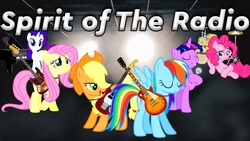 Size: 1600x900 | Tagged: safe, applejack, fluttershy, pinkie pie, rainbow dash, rarity, twilight sparkle, alicorn, pony, g4, band, drums, guitar, mane six, microphone, musical instrument, piano, rush, title, twilight sparkle (alicorn)