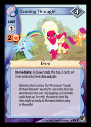 Size: 358x500 | Tagged: safe, enterplay, apple bloom, big macintosh, rainbow dash, scootaloo, earth pony, pony, g4, marks in time, my little pony collectible card game, ccg, crossdressing, female, male, mare, merchandise, orchard blossom, stallion