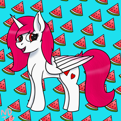 Size: 1500x1500 | Tagged: safe, artist:thunderboltgrimdark, oc, oc only, oc:anemone, alicorn, pony, alicorn oc, food, solo, watermelon