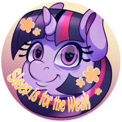 Size: 3000x3000 | Tagged: safe, artist:fawness, twilight sparkle, g4, button, funny, high res, looking at you, sleep is for the weak, text