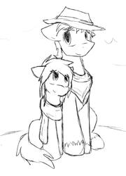 Size: 1660x2310 | Tagged: safe, artist:candel, oc, oc only, oc:candlelight, oc:wanderheart, pony, clothes, cowboy hat, cute, gay, hat, male, monochrome, neckerchief, scarf, shipping, sketch, smiling