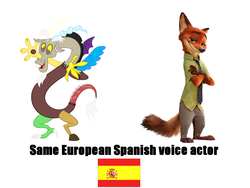 Size: 1280x960 | Tagged: safe, discord, fox, g4, exploitable meme, meme, nick wilde, same voice actor, spanish, zootopia