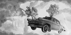 Size: 3000x1500 | Tagged: safe, artist:v747, pinkie pie, g4, balloon, car, cloud, eyes closed, female, grayscale, grin, monochrome, mouth hold, paintbrush, smiling, solo