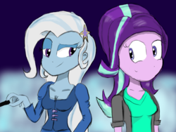 Size: 1024x768 | Tagged: safe, artist:mildockart, starlight glimmer, trixie, equestria girls, g4, no second prances, cleavage, cute, equestria girls-ified, female, request