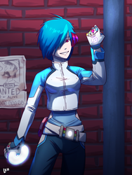 Size: 2100x2800 | Tagged: safe, artist:elzielai, dj pon-3, flam, vinyl scratch, human, g4, clothes, female, gloves, high res, humanized, jacket, solo, wanted poster