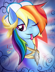 Size: 1024x1325 | Tagged: safe, artist:animechristy, rainbow dash, g4, feather, female, solo, tongue out, wink