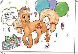 Size: 1024x708 | Tagged: safe, artist:jaikyll, applejack, g4, balloon, female, present, solo, traditional art, underhoof