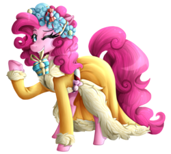Size: 2000x1800 | Tagged: safe, artist:monnarcha, pinkie pie, spirit of hearth's warming presents, a hearth's warming tail, g4, clothes, female, mouth hold, present, raised hoof, robe, signature, simple background, solo, transparent background, wink