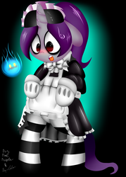 Size: 2500x3500 | Tagged: safe, artist:fullmetalpikmin, artist:paulpeopless, oc, oc only, oc:rosey ring, pony, bipedal, blushing, clothes, creepy crawlers, cute, high res, maid, socks, solo, striped socks, sweatdrop, thigh highs