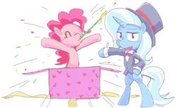 Size: 600x369 | Tagged: dead source, safe, artist:ku_rimo, artist:kurimo, pinkie pie, trixie, pony, g4, bipedal, blushing, heart, magic trick, party horn, simple background, white background
