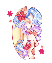 Size: 1000x1212 | Tagged: safe, artist:ipun, oc, oc only, oc:kala, original species, pond pony, pony, bipedal, blushing, eyes closed, female, flower, flower in hair, heart, mare, simple background, smiling, solo, surfboard, transparent background