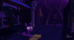 Size: 1024x554 | Tagged: safe, artist:hairyfood, twilight sparkle, g4, book, female, hourglass, night, prone, reading, solo, twilight's canterlot home