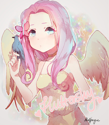 Size: 1074x1228 | Tagged: safe, artist:halfpeegue, fluttershy, bird, human, g4, clothes, dress, female, heart, humanized, solo, winged humanization