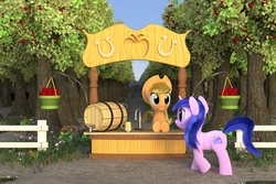 Size: 1095x730 | Tagged: safe, artist:gabe2252, applejack, sea swirl, seafoam, earth pony, pony, unicorn, g4, 3d, apple tree, cider stand, fence, fluffy