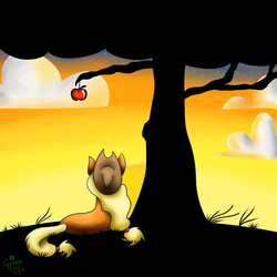 Size: 1024x1024 | Tagged: safe, artist:greenfire2908, applejack, g4, apple, cloud, female, food, prone, rear view, solo, stars, sunset, tree, twilight (astronomy)