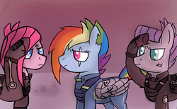 Size: 1300x800 | Tagged: safe, artist:skyscraper6, maud pie, pinkie pie, rainbow dash, g4, the cutie re-mark, alternate timeline, apinkalypse pie, apocalypse dash, apocalypse maud, crystal war timeline, female, mare, overcast, pinkamena diane pie, scar, torn ear