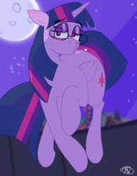 Size: 1400x1800 | Tagged: safe, artist:jmw12, twilight sparkle, alicorn, pony, g4, bedroom eyes, blushing, female, glasses, heart, heart eyes, moon, night, solo, twilight sparkle (alicorn), wingding eyes