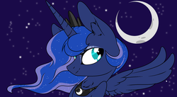 Size: 1024x560 | Tagged: safe, artist:jaxie-beanz, princess luna, g4, female, moon, smirk, solo, spread wings, stars