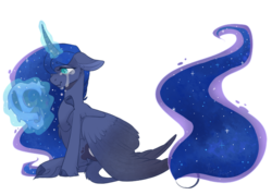 Size: 700x500 | Tagged: safe, artist:jinetix, princess luna, classical unicorn, g4, cloven hooves, crying, female, floppy ears, guilty, helmet, horn, leonine tail, magic, simple background, solo, telekinesis, transparent background, unshorn fetlocks