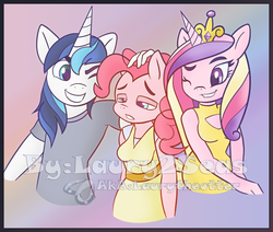 Size: 1024x870 | Tagged: safe, artist:laurytheotter, pinkie pie, princess cadance, shining armor, anthro, g4, the one where pinkie pie knows, clothes, dress, t-shirt, watermark