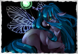 Size: 2000x1400 | Tagged: safe, artist:mellvine, queen chrysalis, changeling, changeling queen, g4, fangs, female, insect wings, magic, prone, solo, transparent wings, wings