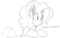 Size: 898x565 | Tagged: source needed, safe, artist:reiduran, pinkie pie, g4, confused, descriptive noise, ear fluff, female, frown, leaning, meme, monochrome, simple background, sketch, solo, stare, white background, wide eyes
