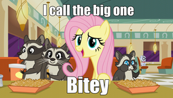 Size: 1280x720 | Tagged: safe, edit, edited screencap, screencap, fluttershy, mr. waddle, smoky, smoky jr., softpad, raccoon, g4, the saddle row review, caption, food, french fries, hay fries, image macro, male, marge vs the monorail, meme, parody, quote, the simpsons