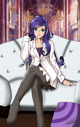 Size: 1024x1619 | Tagged: safe, artist:naruko16-33, rarity, human, g4, alternative cutie mark placement, boobie mark, classy, clothes, couch, female, humanized, jacket, missing shoes, nail polish, pleated skirt, skirt, skirt lift, socks, solo, stockings, thigh highs, zettai ryouiki