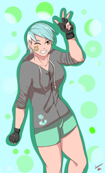 Size: 1500x2457 | Tagged: safe, artist:naruko16-33, lyra heartstrings, human, g4, abstract background, alternative cutie mark placement, clothes, facial cutie mark, female, fingerless gloves, gloves, grin, hoodie, humanized, peace sign, shorts, smiling, solo