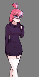 Size: 1632x3176 | Tagged: safe, artist:scorpdk, moondancer, human, g4, breasts, busty moondancer, clothes, female, glasses, humanized, looking at you, simple background, socks, solo, sweater, sweater dress, thigh highs, thighs, zettai ryouiki