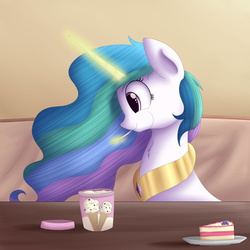 Size: 2100x2100 | Tagged: safe, artist:vanillaghosties, princess celestia, alicorn, pony, g4, cake, eating, female, food, glowing, glowing horn, high res, horn, ice cream, magic, solo, telekinesis